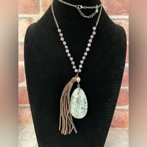 Kiwi Stone Pendant and Leather Tassel Necklace